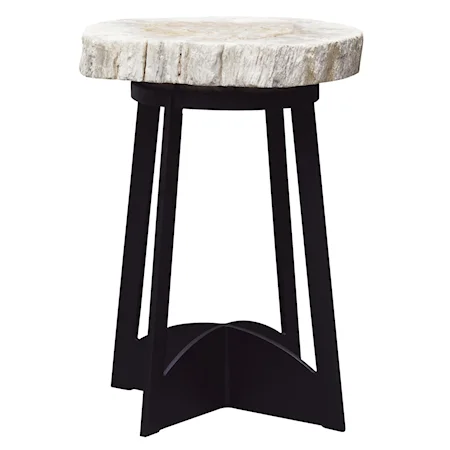 End Table with Petrified Wood Top and Black Metal Base